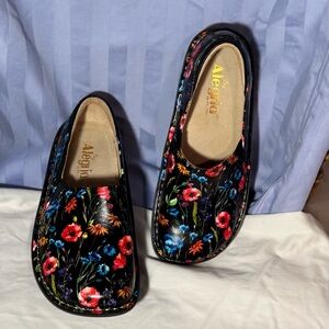 Alegria Black Leather Floral Slip-On Loafers